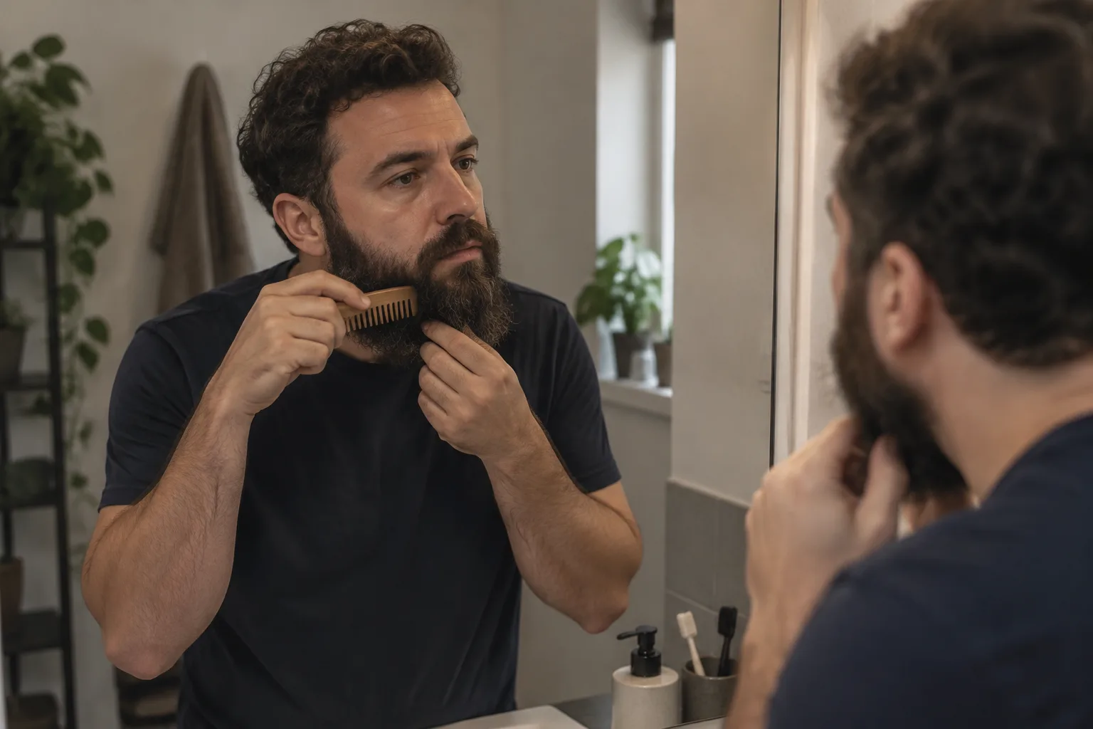 Man assessing the best beard comb for his thick facial hair, gently combing the ends at a bathroom basin